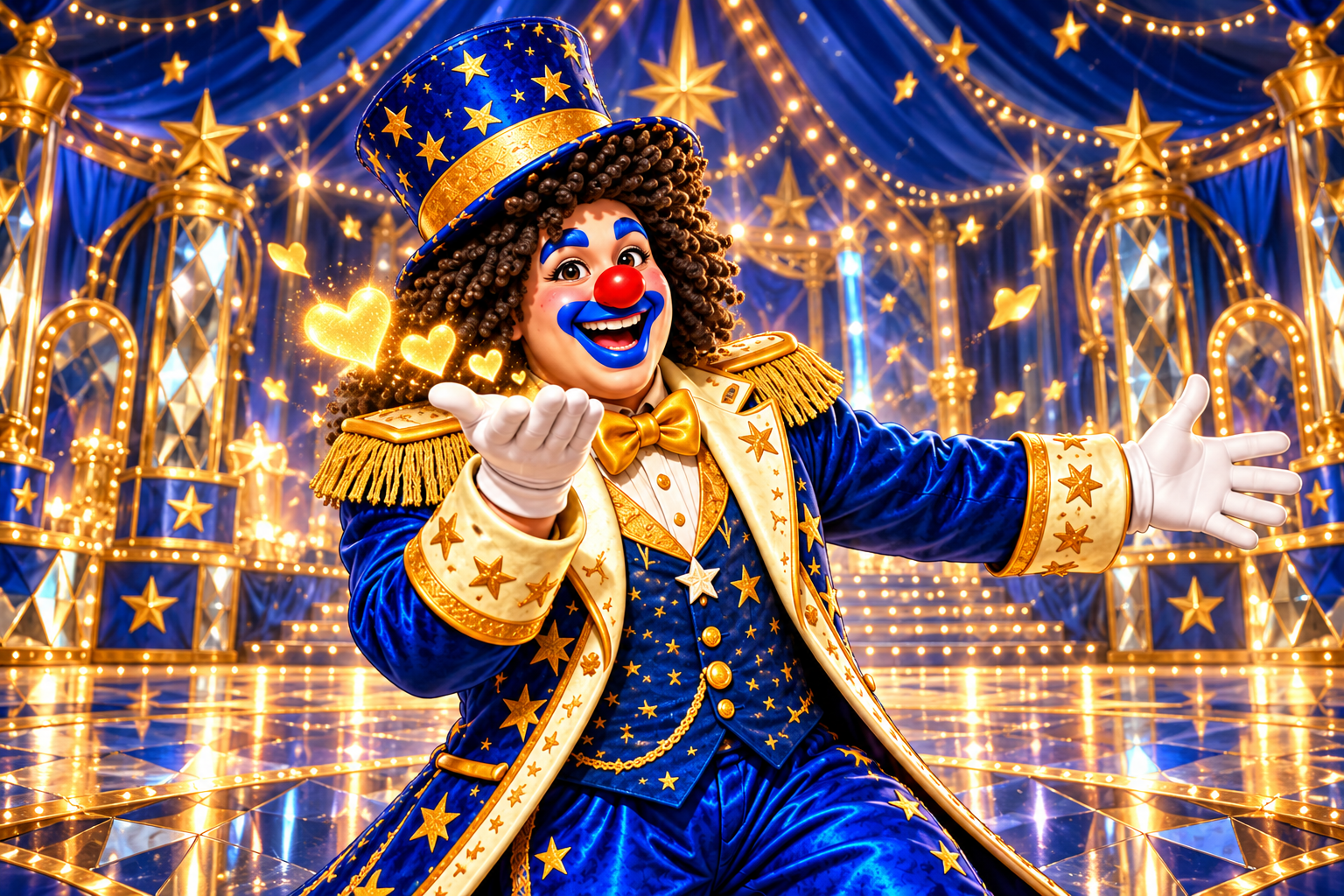 Ananias enviando um beijo com corações de luz em um circo azul e dourado